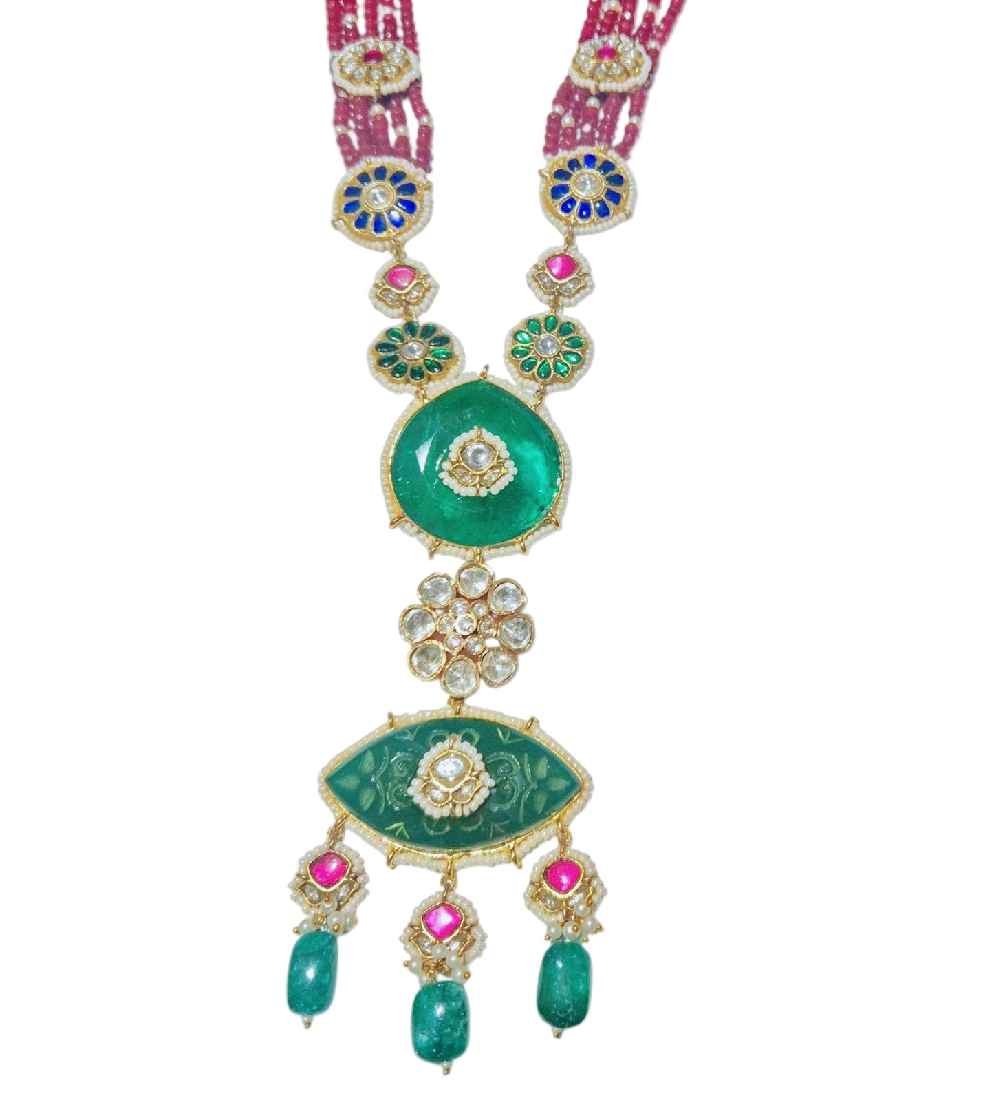 Carved green onyx with kundan and maroon quartz beads in brass