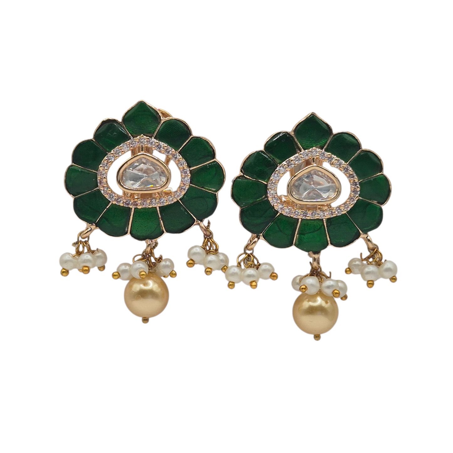 Royal green enamel with moissanite and pearl danglers