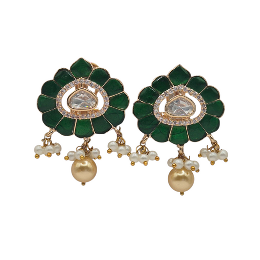 Royal green enamel with moissanite and pearl danglers