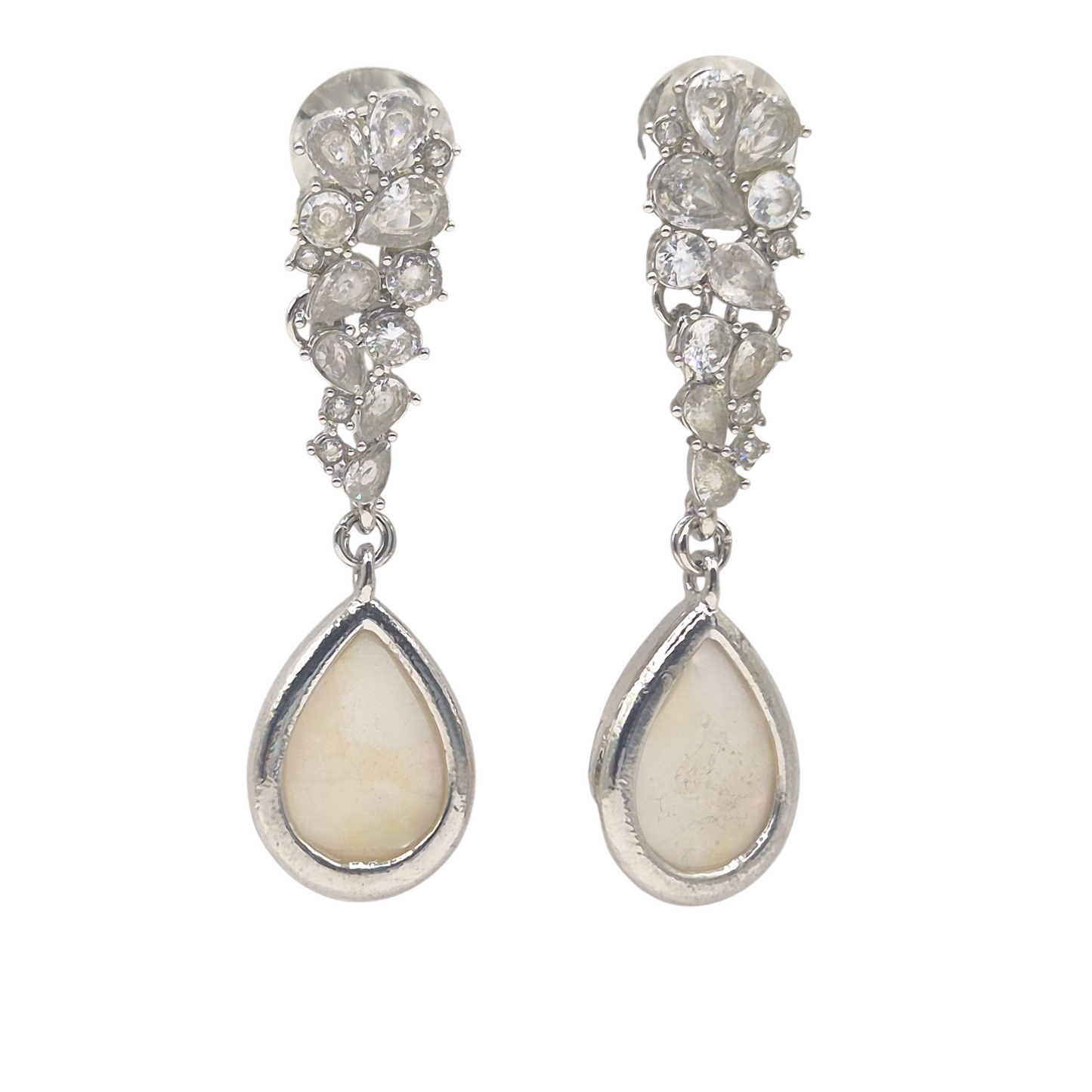 Cubic Zirconias and White Quartz set in Brass with a dangling Mother of Pearl drop set in Brass