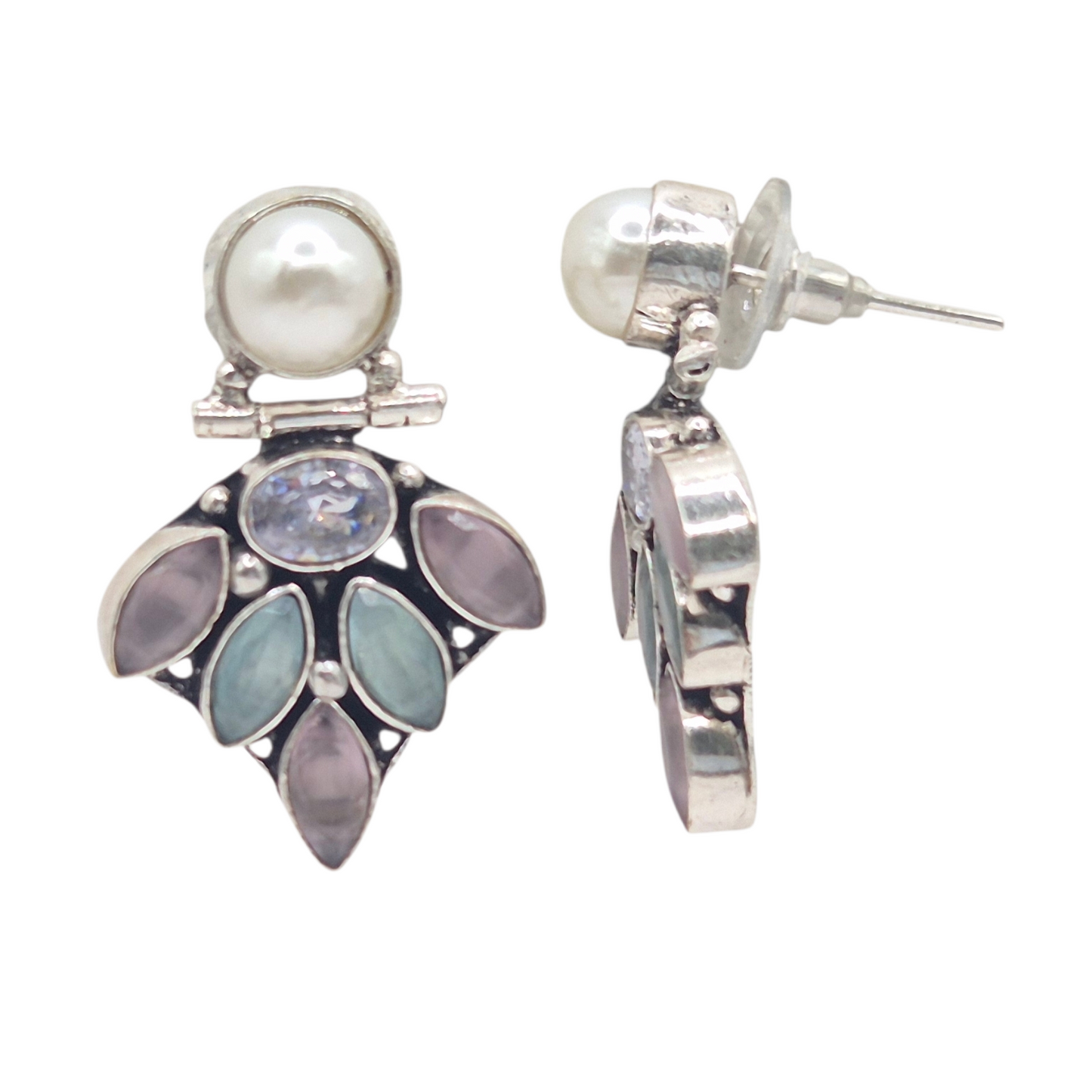 Pastel Green and Pink Marquis quartz with White Pearl Set in brass