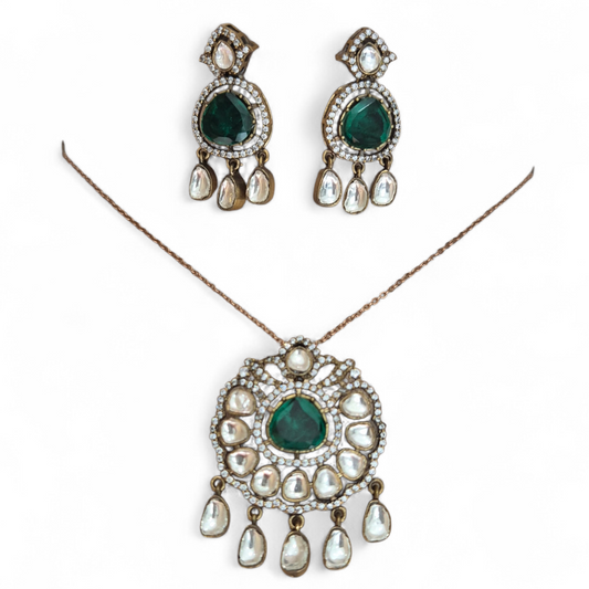 Green Quartz with Moissanites and cubic zirconia in Brass with Antique Plating