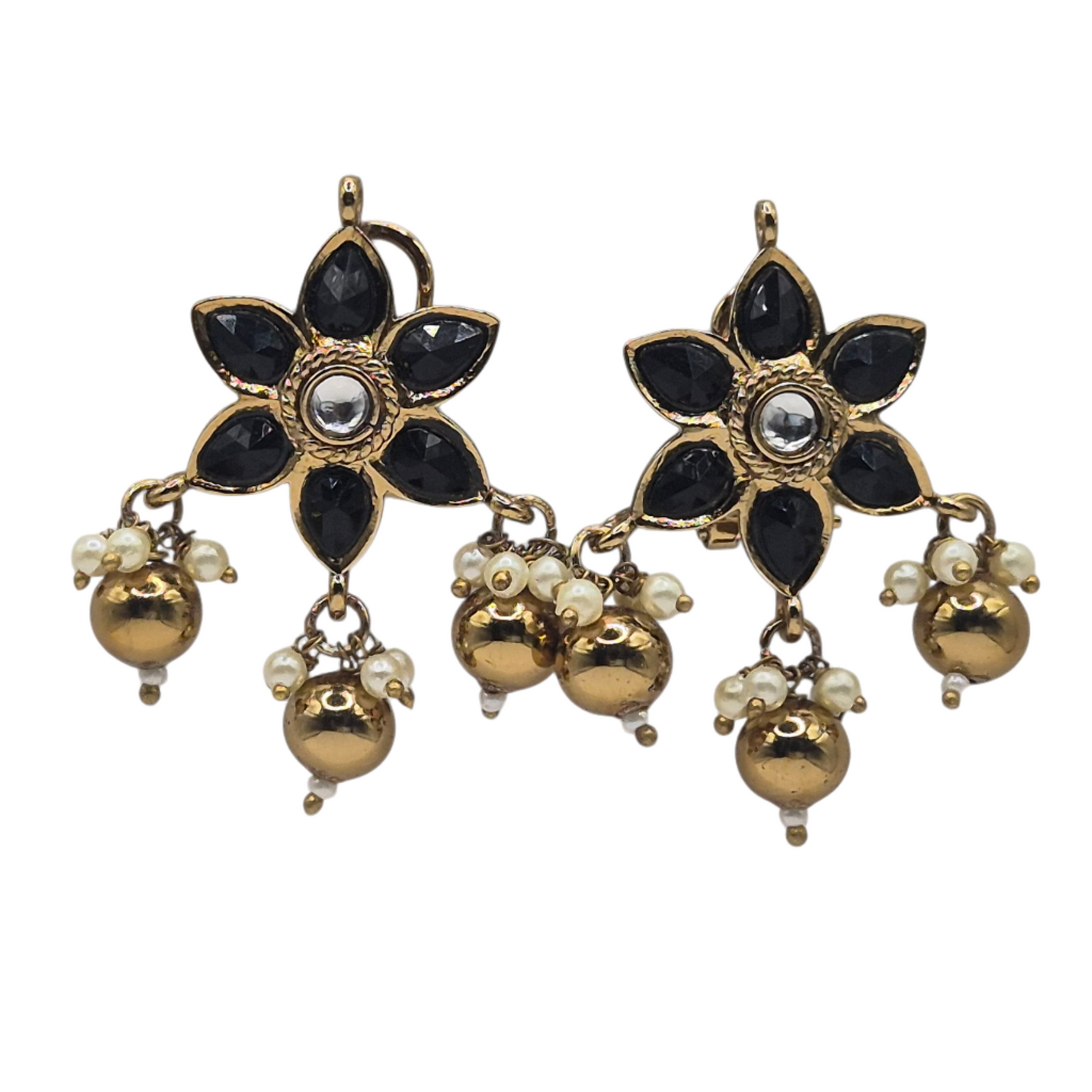 Pair of ornate earrings with black stones, gold accents, and pearl-like beads on a white background.