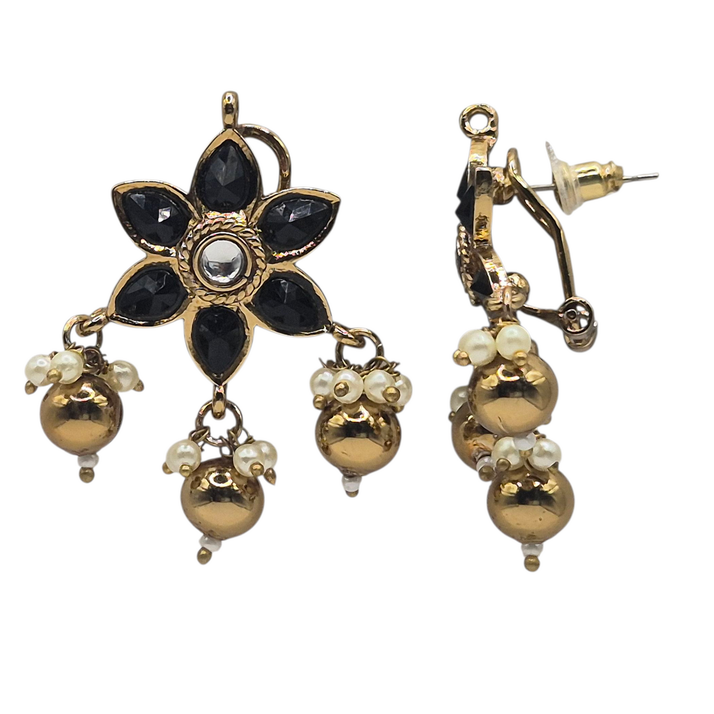Pair of ornate earrings with black stones, gold accents, and pearl beads.