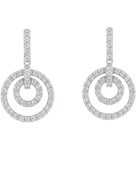 A pair of silver-tone drop earrings featuring three interlocking circular designs paved with clear cubic zirconia stones, shown against a plain white background.