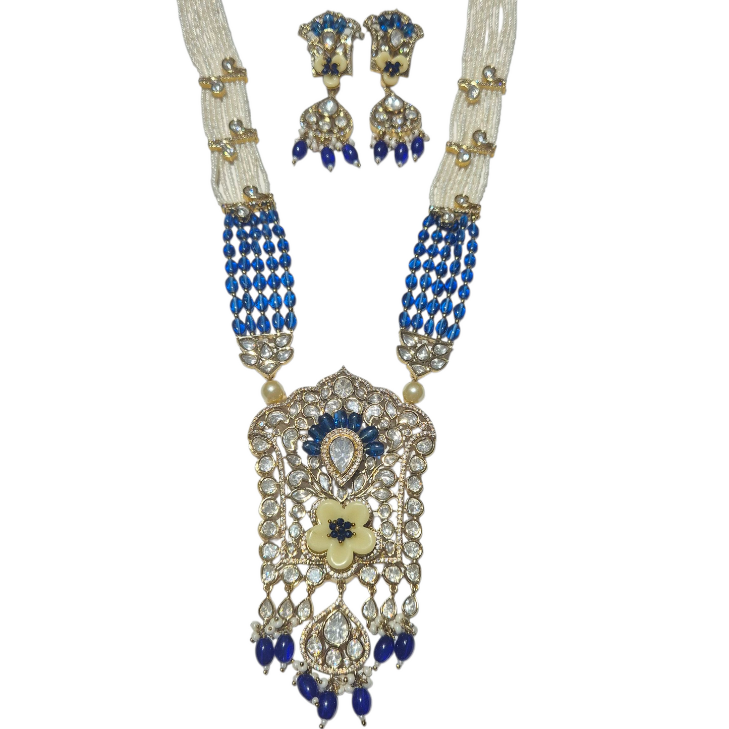Blue quartz with kundan and seed pearls in brass