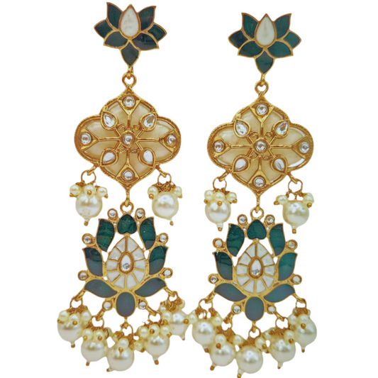 Kundan set on Mother of Pearl with Dark Green Enamel Lotus  and a dangling bunch of Pearls set in Brass