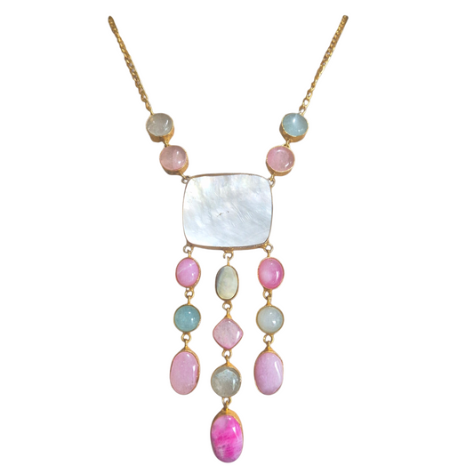 Pastel quartz in shades of blue, pink quartz and mother of pearl in brass