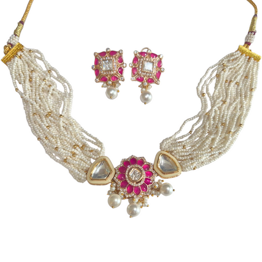 Fuschia pink and beige enamel with kundan and seed pearls in brass