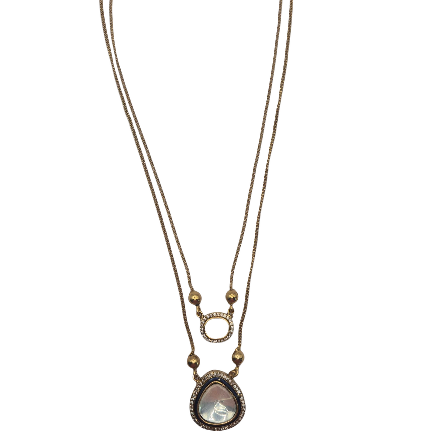 Black enamel and white kundan with CZ in double chain in brass