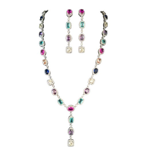 Multicolor Cubic Zirconia Necklace and Earring Set in 925 Silver