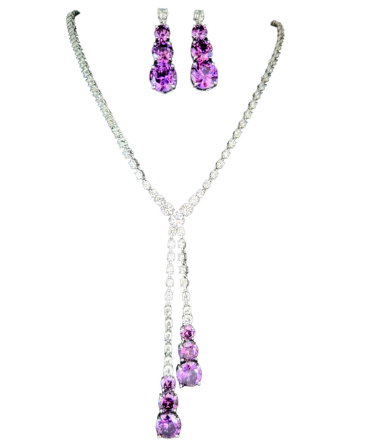 Purple and White Cubic Zirconia Necklace and Earring Set in 925 Silver