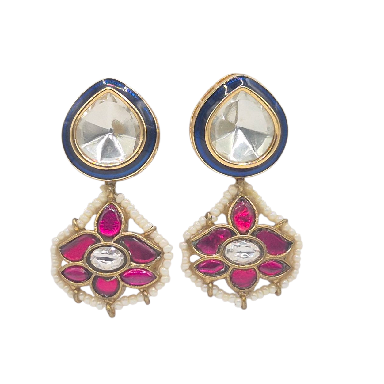 Royal Blue enamel with fuschia pink enamel , kundan and seed pearls in brass