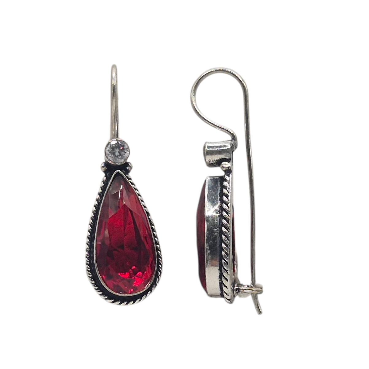 Vibrant red quartz teardrop in brass