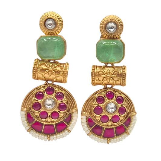 Green Rectangle and Pink Kundan chandbali style