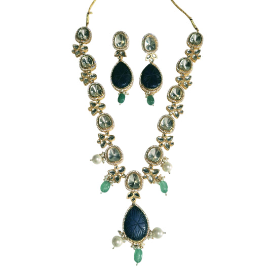 Blue quartz with kundan and pearls in brass