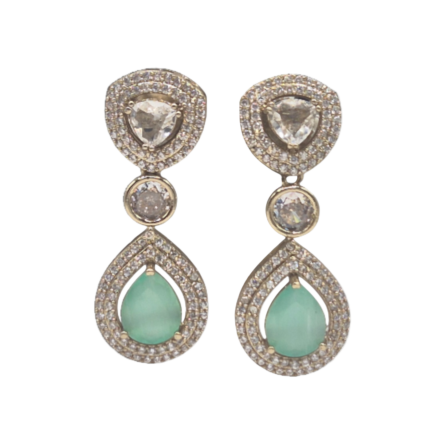 Moissanite and cubic zirconia with mint green quartz in brass