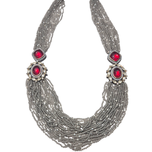 Grey czech beads with red kundan brooch in brass