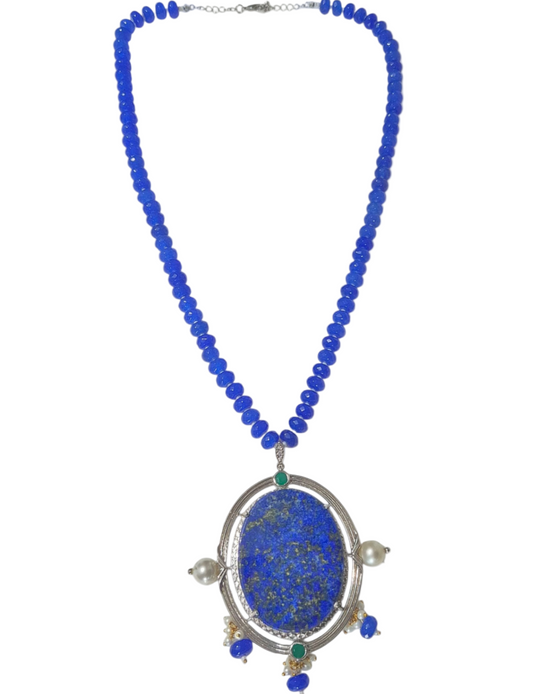 Oval Lapiz Lazuli with Cubic Zirconia and Pearls in 925 Silver