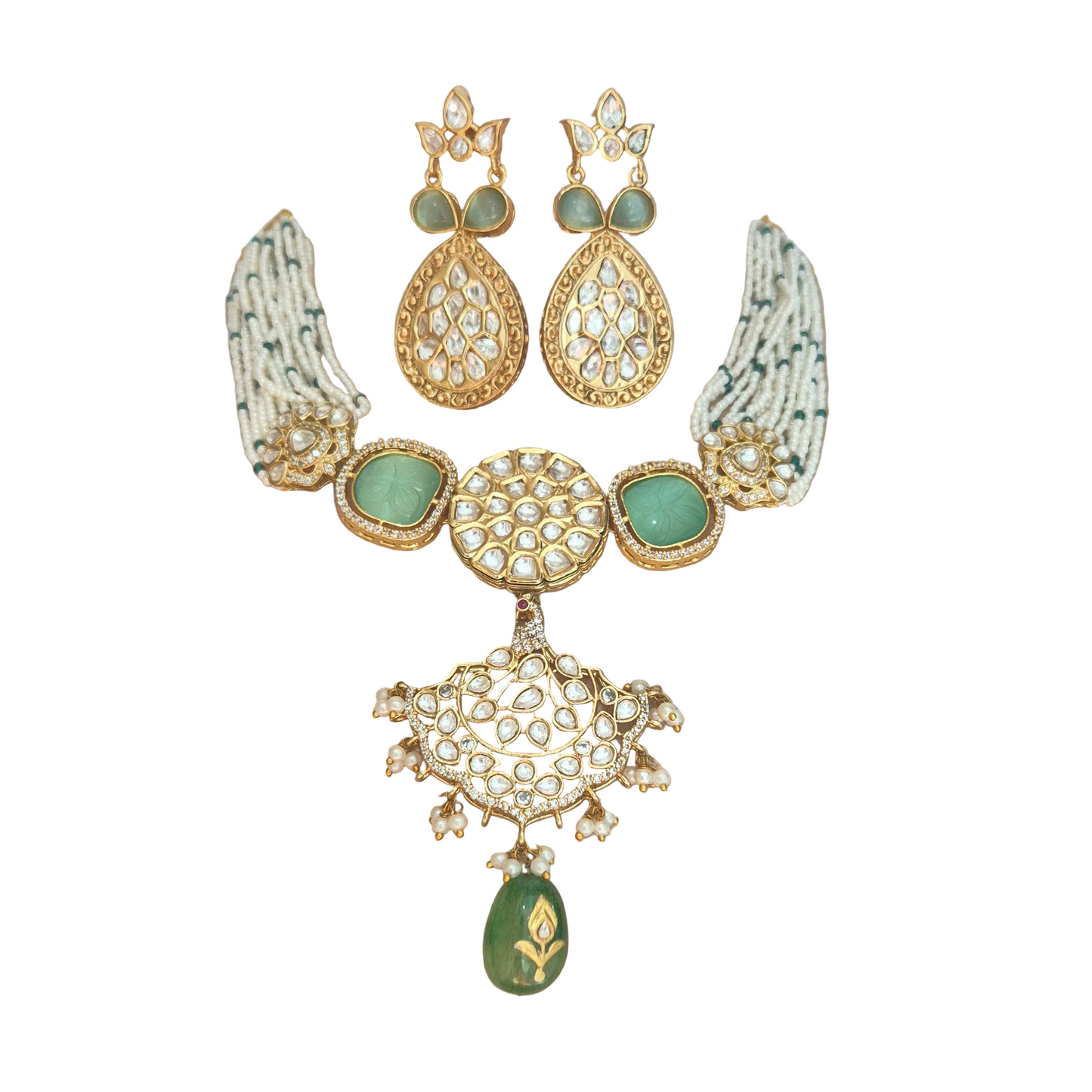 Kundan and pearls with green quartz in brass