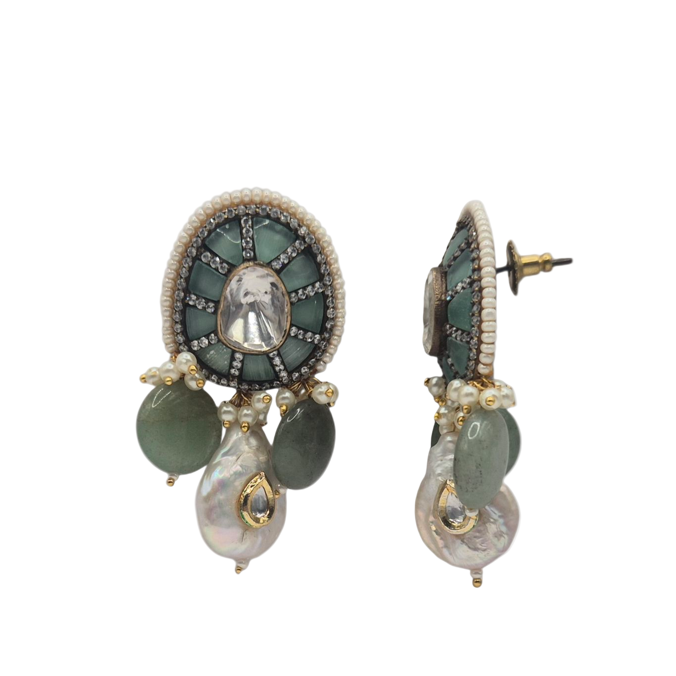 Sea green czech beads with green quartz and pearls in brass