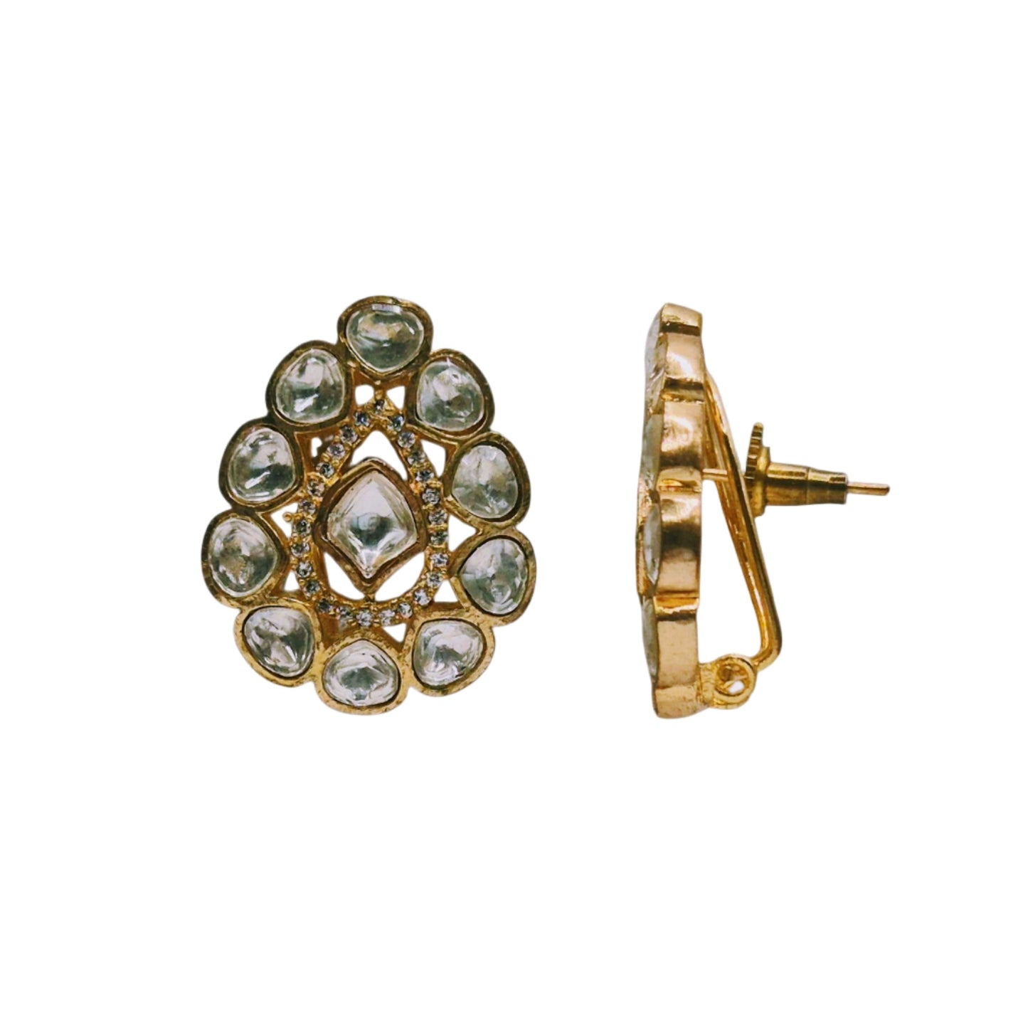 Peach czech beads with a red pendant made with kundan in brass