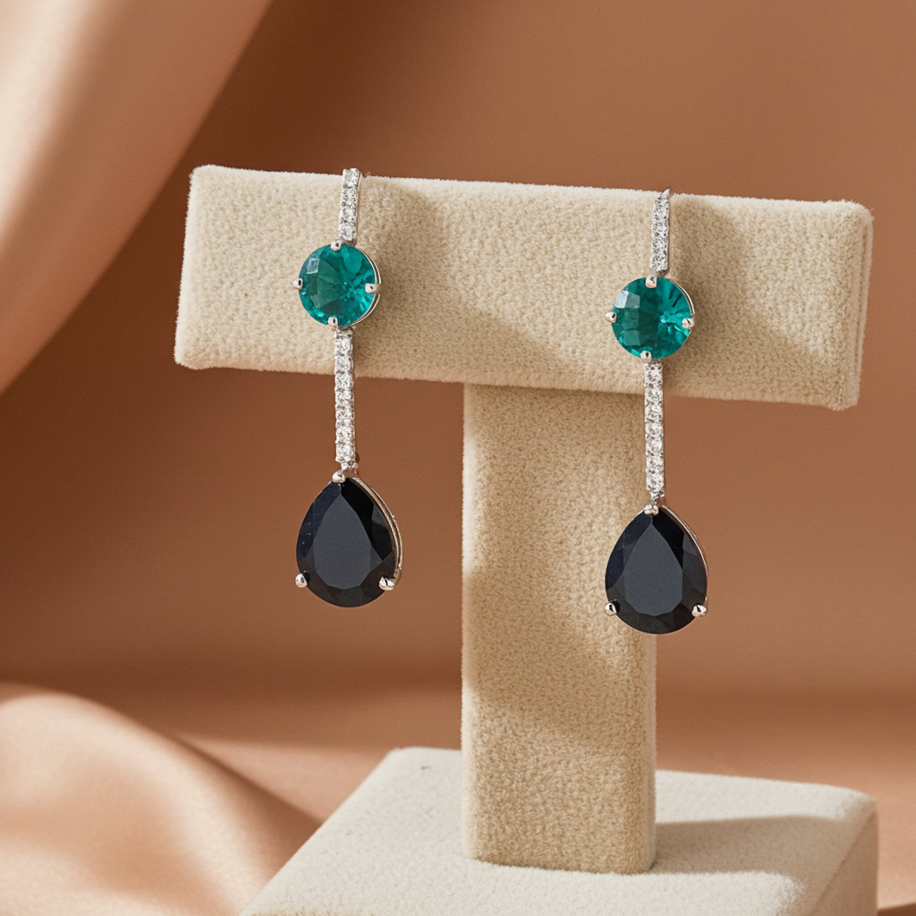 Bold Green and Black Hydro quartz with Cubic Zirconia in 925 Silver